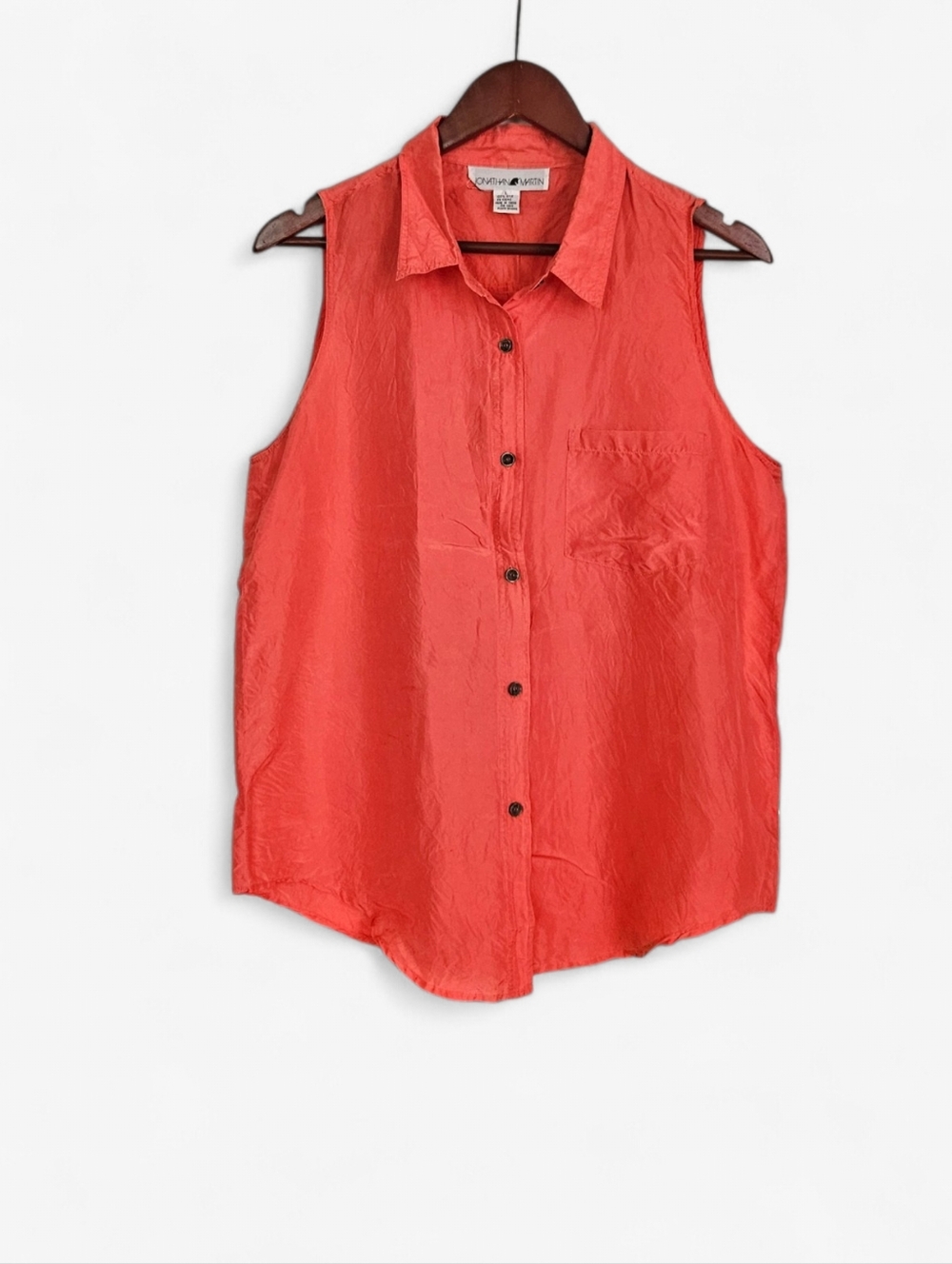 Vintage Jonathan Martin 100% Silk Collared Sleeveless Coral Button Up Blouse L